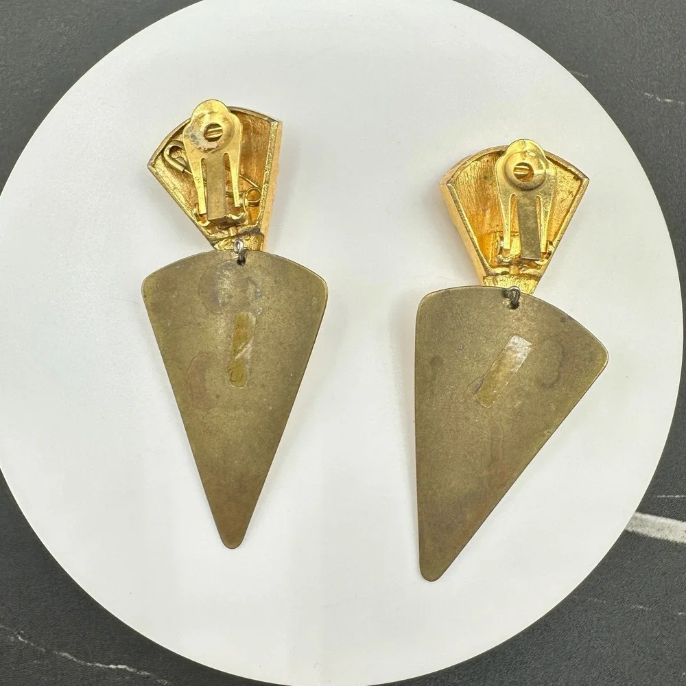 Vintage Women's Long Gold Tone Shoulder Duster Cream Enamel Dangle/Drop Earrings - Picture 5 of 11